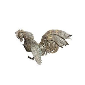 Vintage Cast Metal Fighting Rooster Game Fowl Statue Figure Silvertone 10”